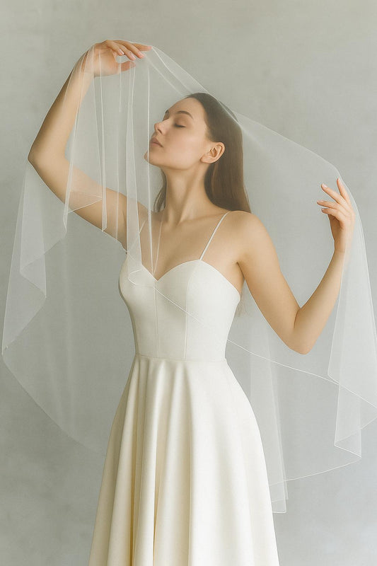 Handmade Fingertip Wedding Veil with Blusher: Soft Tulle, Silver Comb