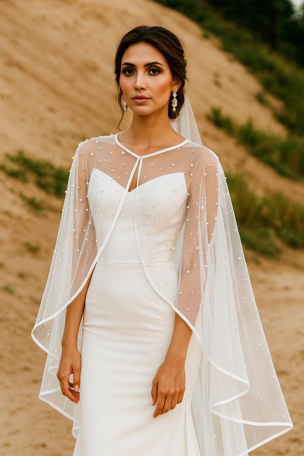 Pearl Bridal Cape: Waltz Length Tulle Wedding Shawl with Satin Trim