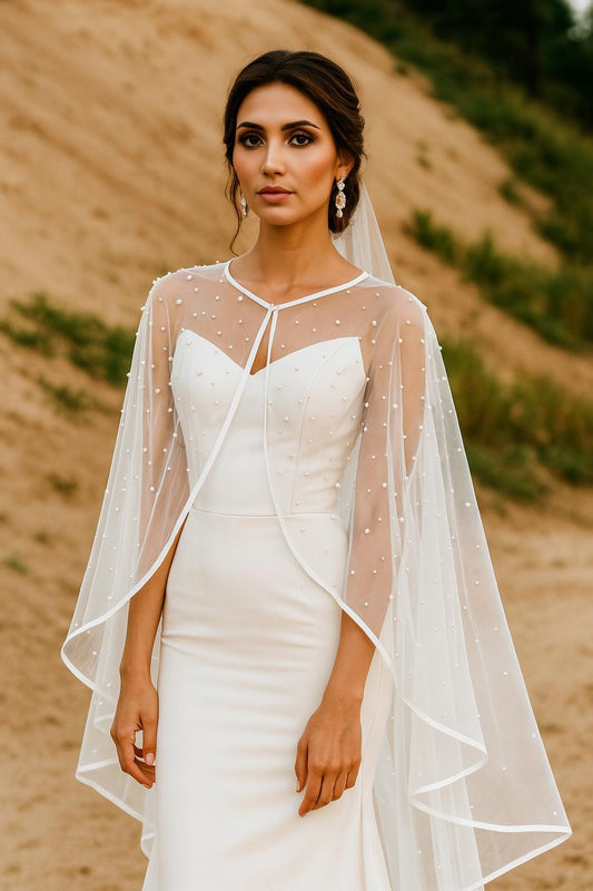 Pearl Bridal Cape: Waltz Length Tulle Wedding Shawl with Satin Trim