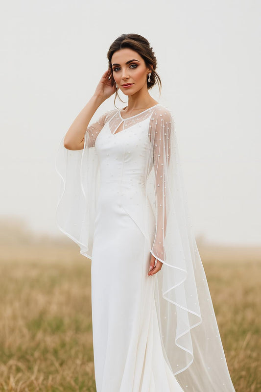 Pearl Bridal Cape: Waltz Length Tulle Wedding Shawl with Satin Trim