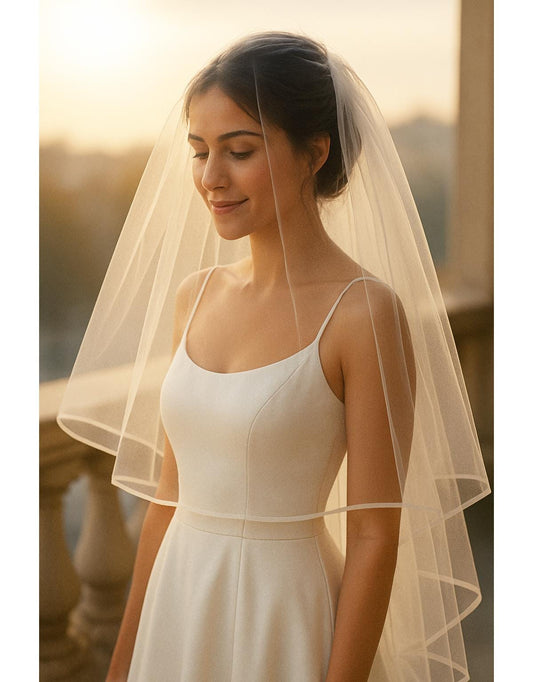 Two-Tier Bridal Tulle Veil: Satin Trim, Elbow/Fingertip/Waltz Length
