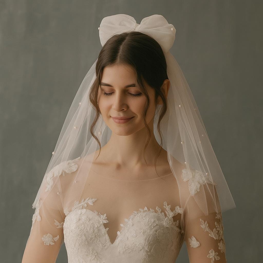 Pearl Bow Wedding Veil: Shoulder Length Soft Tulle Bridal Veil