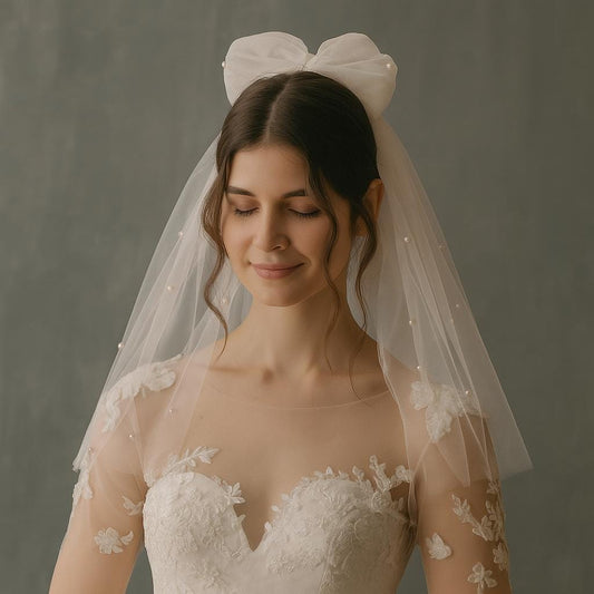 Pearl Bow Wedding Veil: Shoulder Length Soft Tulle Bridal Veil