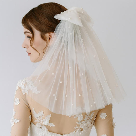 Pearl Bow Wedding Veil: Shoulder Length Soft Tulle Bridal Veil