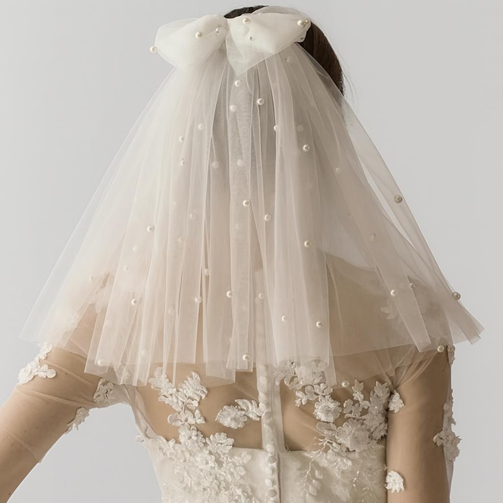 Pearl Bow Wedding Veil: Shoulder Length Soft Tulle Bridal Veil