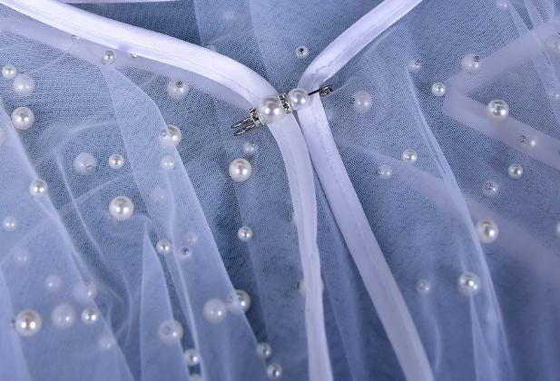 Pearl Bridal Cape: Waltz Length Tulle Wedding Shawl with Satin Trim