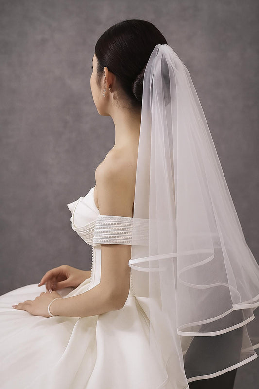Two-Tier Bridal Tulle Veil: Satin Trim, Elbow/Fingertip/Waltz Length
