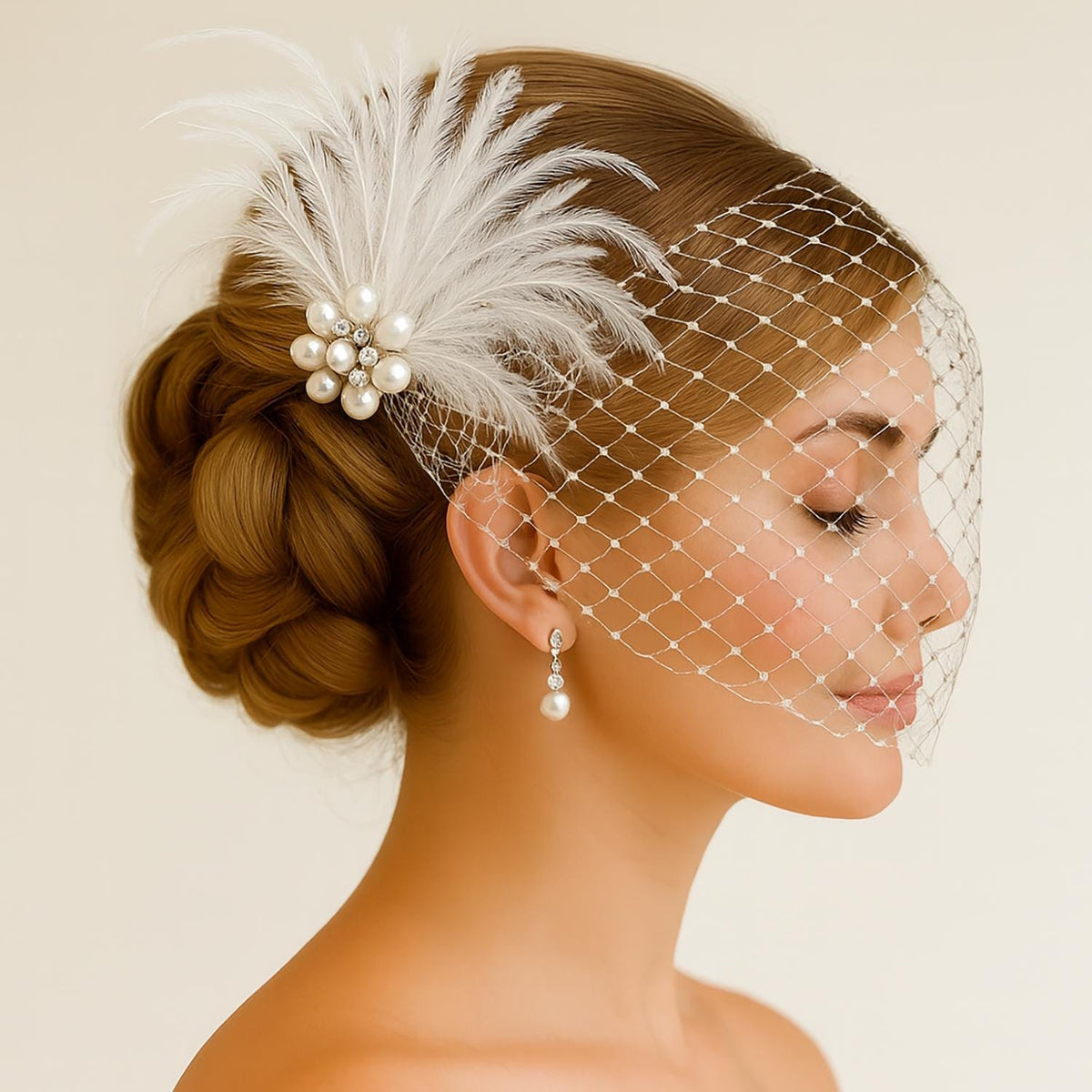 Elegant Feather & Pearl Bridal Hairpiece： Vintage-Inspired Wedding Fascinator