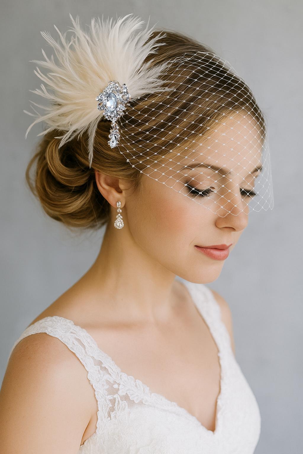 Feather Fascinator and Swarovski Rhinestone Bandeau Birdcage Veil