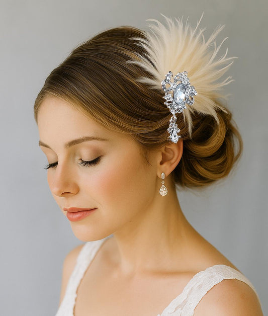 Feather Fascinator and Swarovski Rhinestone Bandeau Birdcage Veil