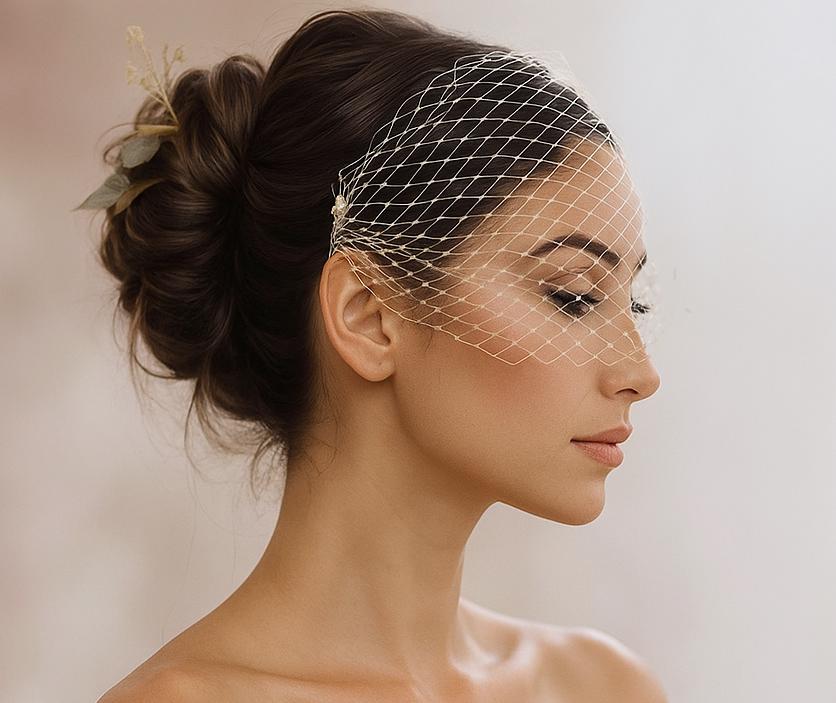 Pearl Bandeau Birdcage Veil: Vintage French Netting Bridal Veil