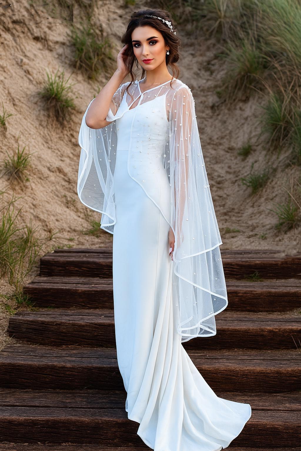 Pearl Bridal Cape: Waltz Length Tulle Wedding Shawl with Satin Trim