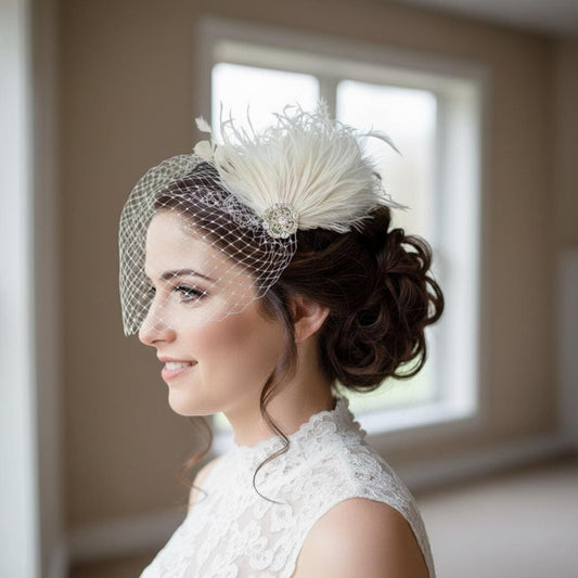 Feather Fascinator & Bandeau Birdcage Veil Set – Ivory Russian Netting, Vintage Bridal Headpiece (2-Piece Set)