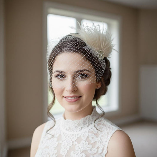 Feather Fascinator & Bandeau Birdcage Veil Set – Ivory Russian Netting, Vintage Bridal Headpiece (2-Piece Set)