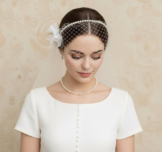 Swarovski Pearl Headband Birdcage Veil + Silk Organza Hair Flower + 2-Tier Shoulder-Length Tulle Veil