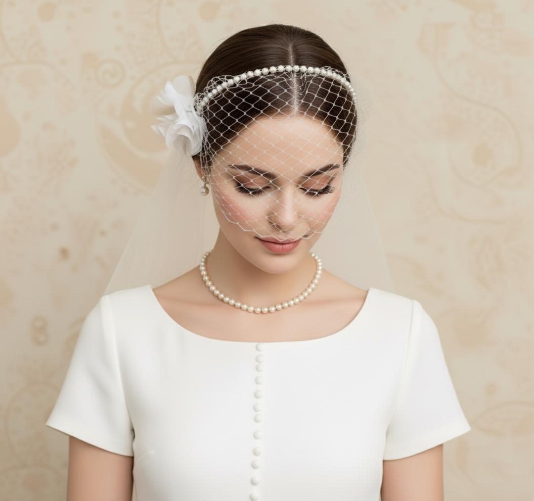 Swarovski Pearl Headband Birdcage Veil + Silk Organza Hair Flower + 2-Tier Shoulder-Length Tulle Veil