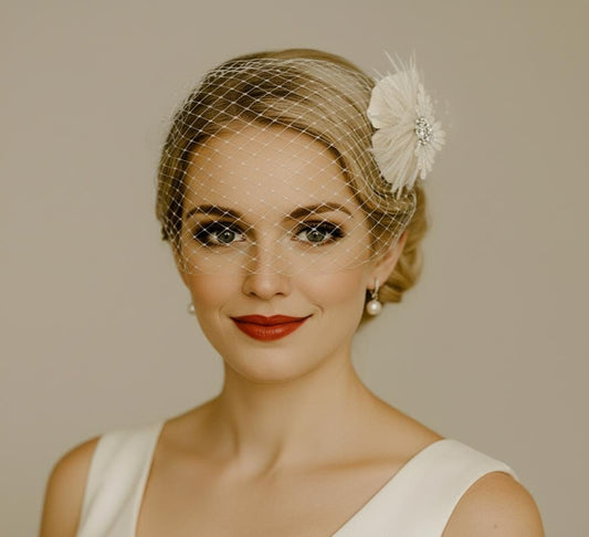 Vintage Ivory Birdcage Veil & Feather Fascinator with Rhinestone Center | 1920s Inspired Wedding Hair Accessory