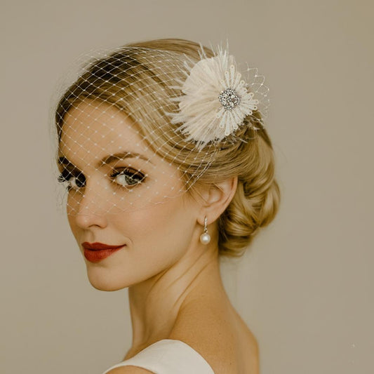 Vintage Ivory Birdcage Veil & Feather Fascinator with Rhinestone Center | 1920s Inspired Wedding Hair Accessory