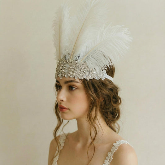 Ostrich Feather Bridal Headpiece, Crystal Rhinestone Crown, Vintage Glam Wedding Headband 1920s Bride Accessory