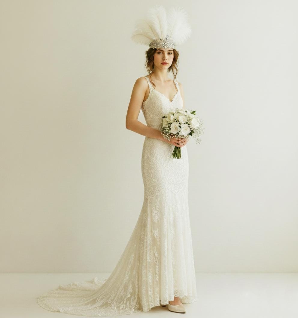 Ostrich Feather Bridal Headpiece, Crystal Rhinestone Crown, Vintage Glam Wedding Headband 1920s Bride Accessory