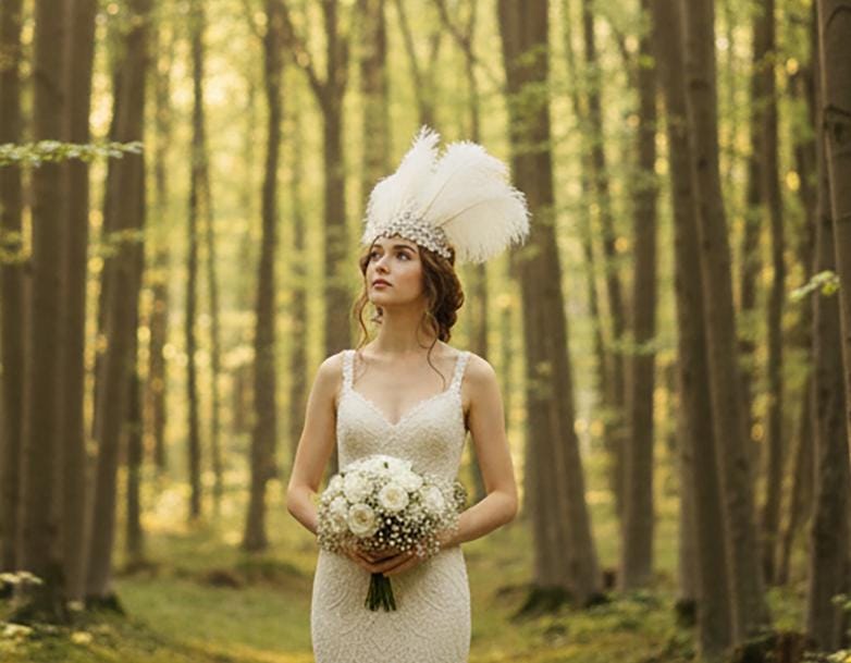Ostrich Feather Bridal Headpiece, Crystal Rhinestone Crown, Vintage Glam Wedding Headband 1920s Bride Accessory
