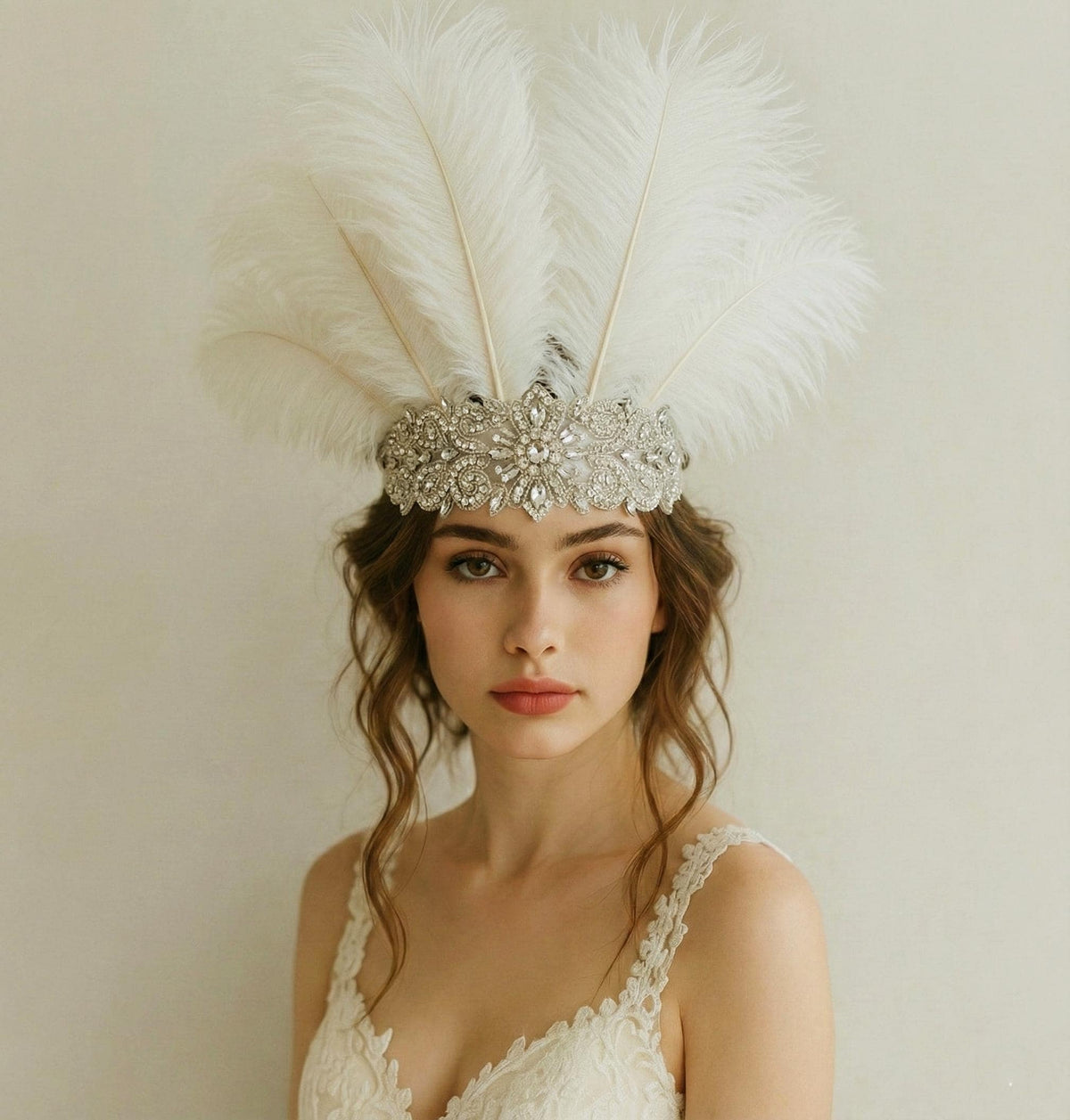 Ostrich Feather Bridal Headpiece, Crystal Rhinestone Crown, Vintage Glam Wedding Headband 1920s Bride Accessory
