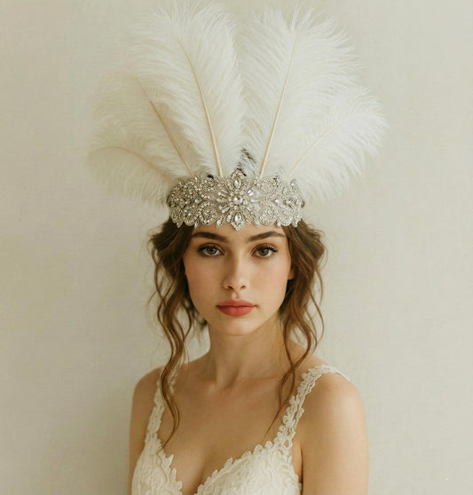 Ostrich Feather Bridal Headpiece, Crystal Rhinestone Crown, Vintage Glam Wedding Headband 1920s Bride Accessory