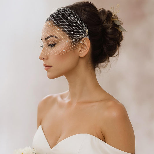 Pearl Bandeau Birdcage Veil: Vintage French Netting Bridal Veil