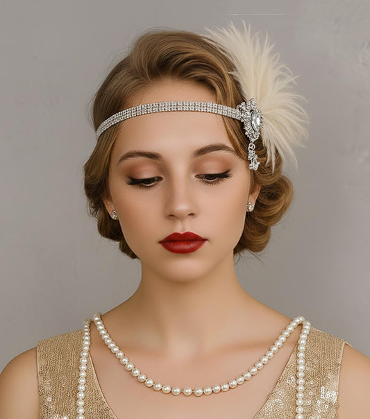 1920s Art Deco Gatsby-Inspired Rhinestone & Feather Bridal Headpiece – Vintage Flapper Bridal Hair Accessory