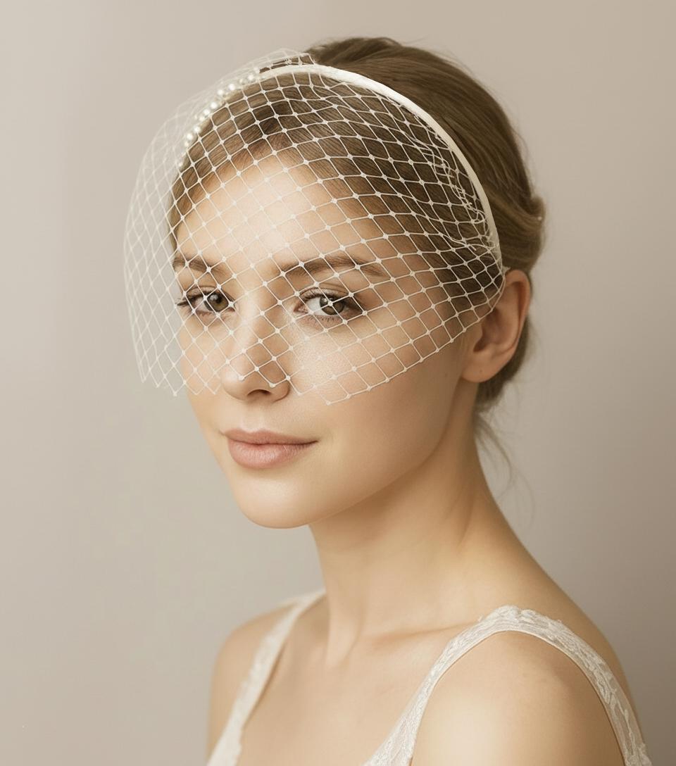 Pearl Accent Birdcage Veil Headband – Crystalized Pearls | Crossfire Style Bridal Headpiece | Custom Length Available