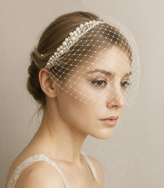 Pearl Accent Birdcage Veil Headband – Crystalized Pearls | Crossfire Style Bridal Headpiece | Custom Length Available