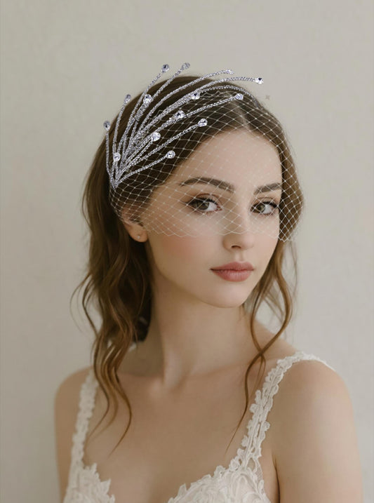 Birdcage Veil with Crystal Vine Headband, Bridal French Net Vintage Wedding Hair Accessory