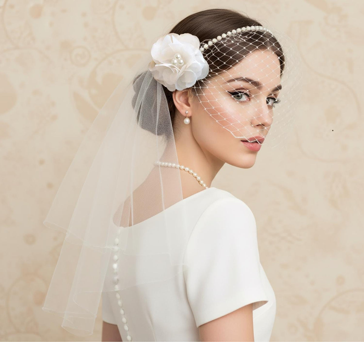 Swarovski Pearl Headband Birdcage Veil + Silk Organza Hair Flower + 2-Tier Shoulder-Length Tulle Veil