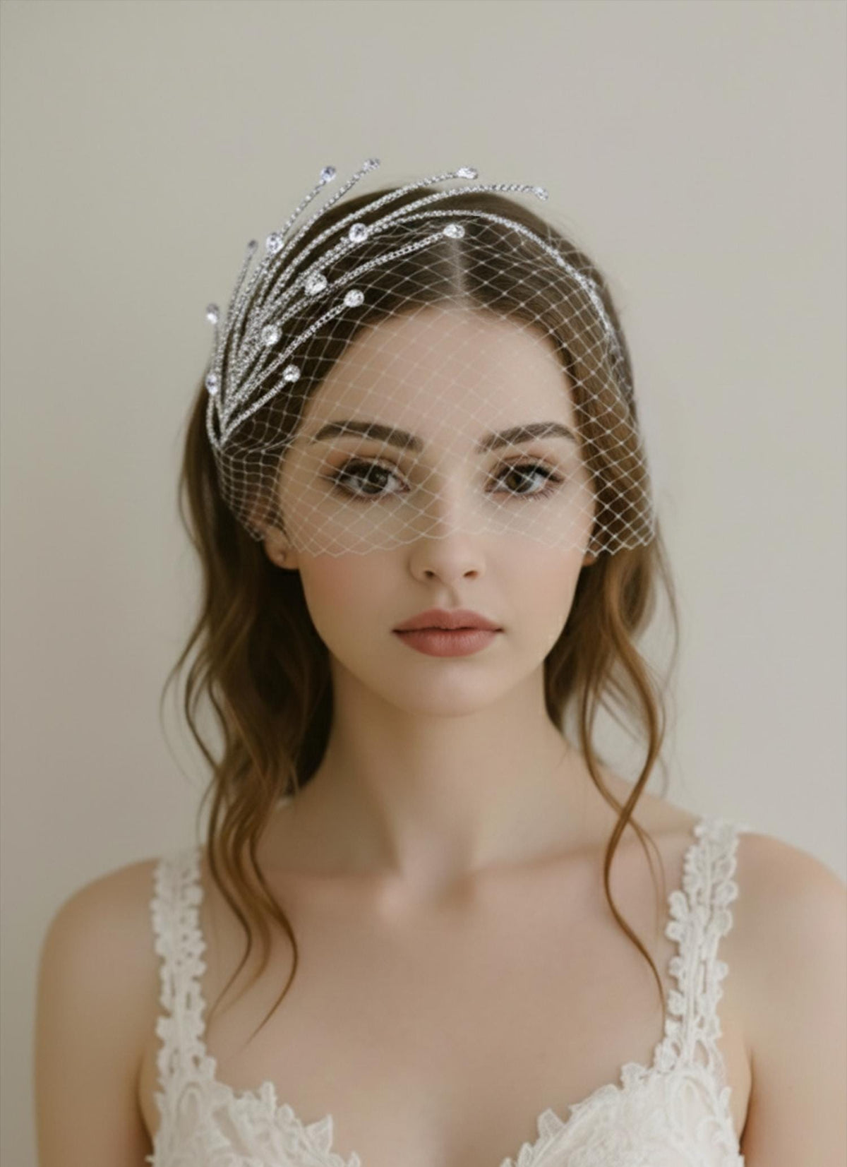 Birdcage Veil with Crystal Vine Headband, Bridal French Net Vintage Wedding Hair Accessory