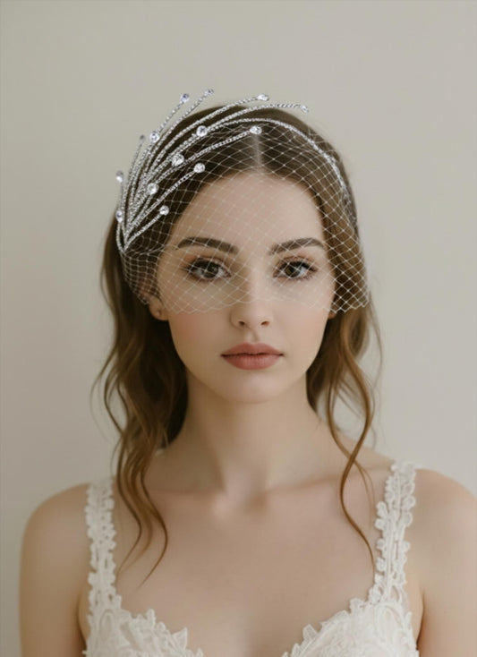 Birdcage Veil with Crystal Vine Headband, Bridal French Net Vintage Wedding Hair Accessory