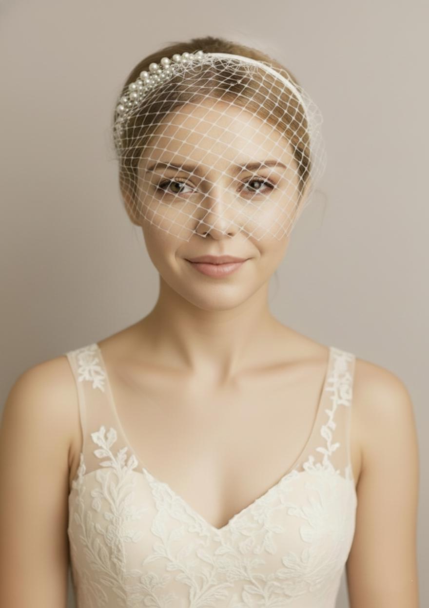 Pearl Accent Birdcage Veil Headband – Crystalized Pearls | Crossfire Style Bridal Headpiece | Custom Length Available