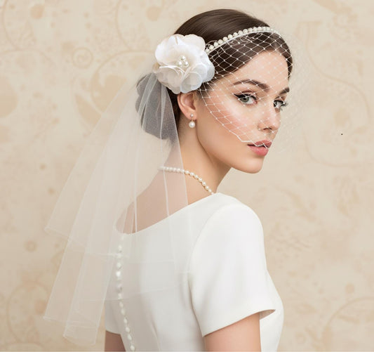 Swarovski Pearl Headband Birdcage Veil + Silk Organza Hair Flower + 2-Tier Shoulder-Length Tulle Veil