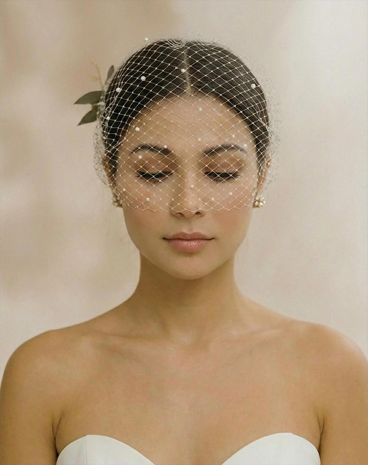 9" Pearl Bandeau Birdcage Veil: Vintage French Netting Bridal Veil