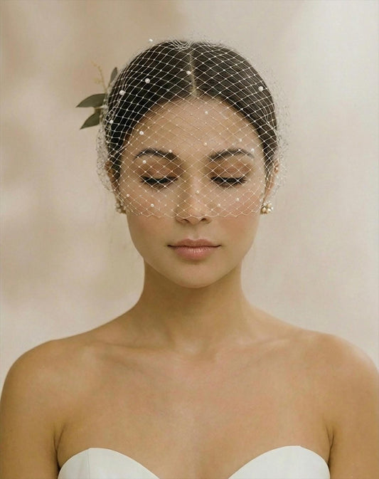 9" Pearl Bandeau Birdcage Veil: Vintage French Netting Bridal Veil