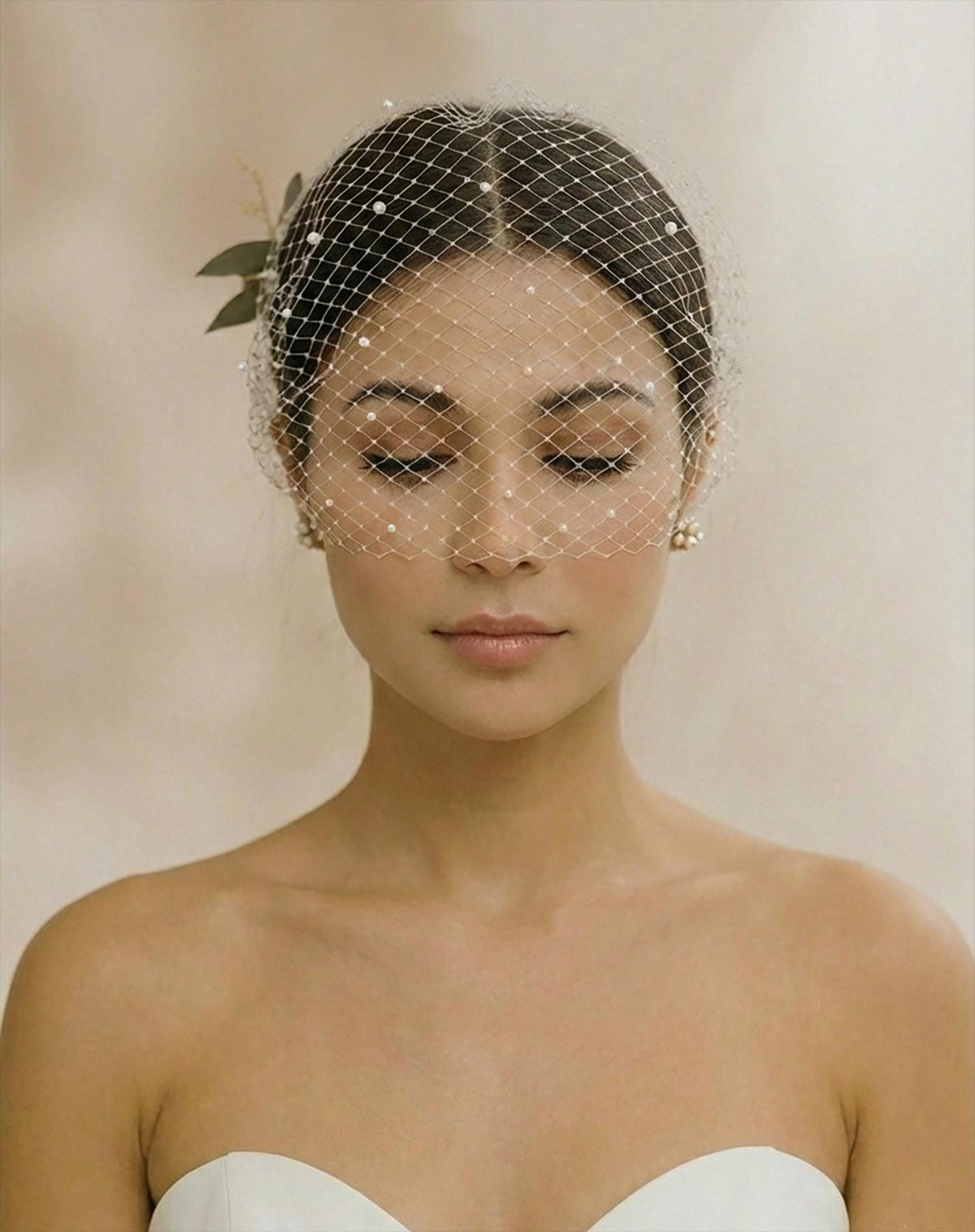 9" Pearl Bandeau Birdcage Veil: Vintage French Netting Bridal Veil