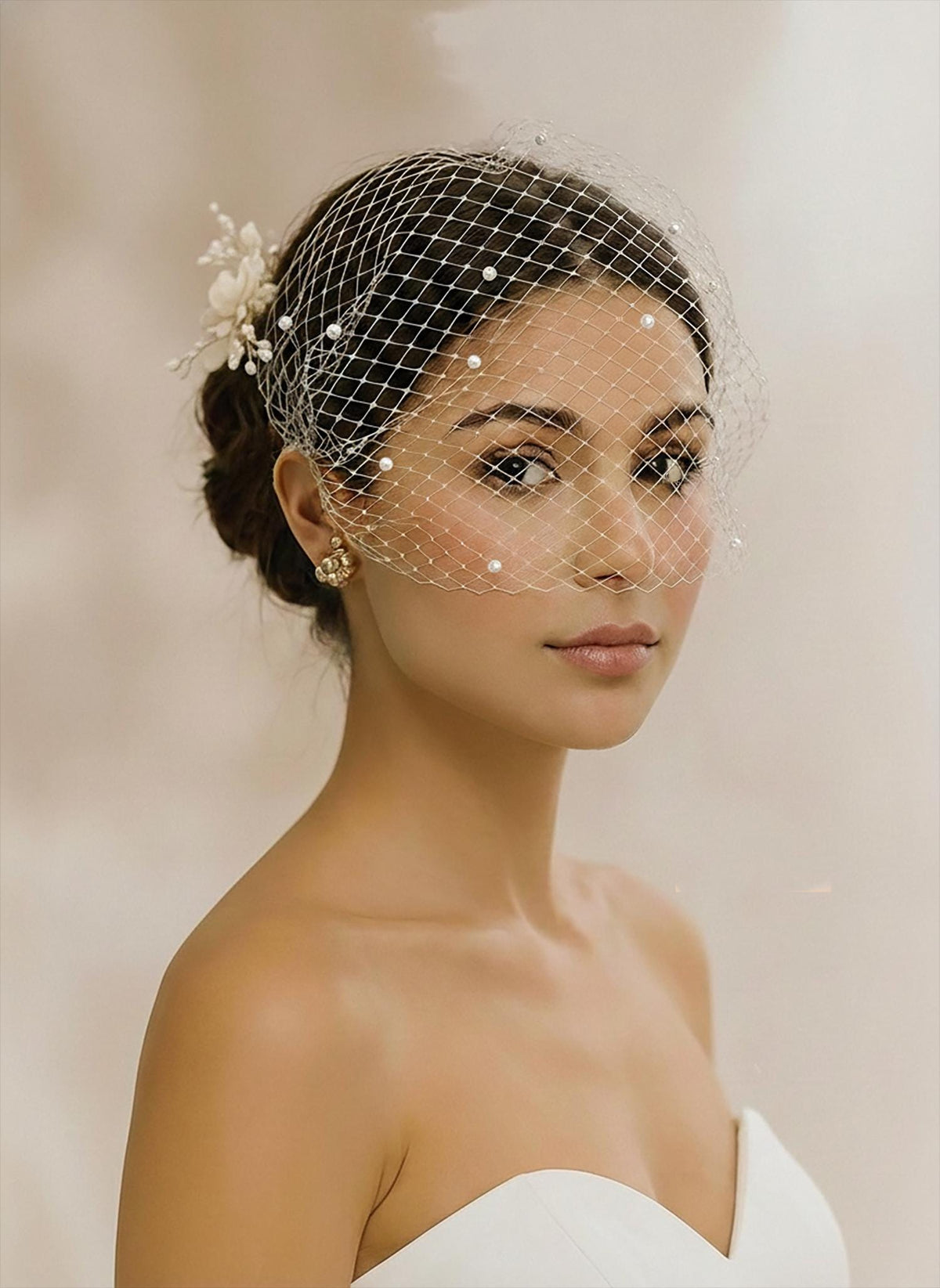9" Pearl Bandeau Birdcage Veil: Vintage French Netting Bridal Veil