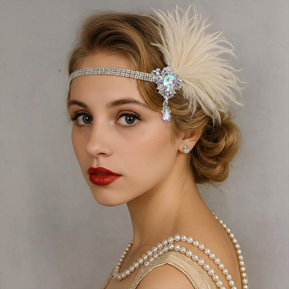 1920s Art Deco Gatsby-Inspired Rhinestone & Feather Bridal Headpiece – Vintage Flapper Bridal Hair Accessory