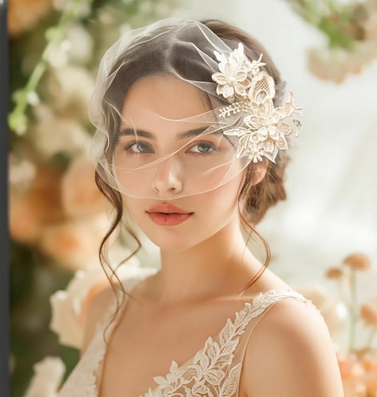 Vintage Lace Flowers and Mini Tulle Bridal Veil, Pearl Floral Headpiece, Vintage Wedding