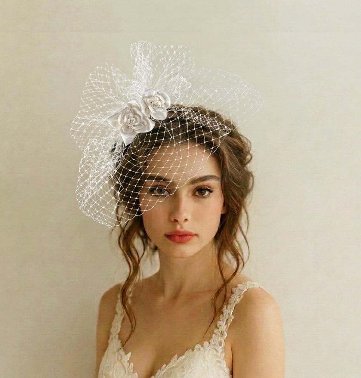 Elegant Birdcage Veil with Handmade Satin Flowers – Vintage Bridal Fascinator