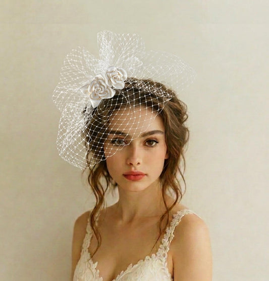 Birdcage Veil with Satin Flower Detail : Handmade Bridal Fascinator