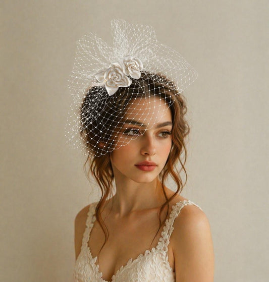 Elegant Birdcage Veil with Handmade Satin Flowers – Vintage Bridal Fascinator