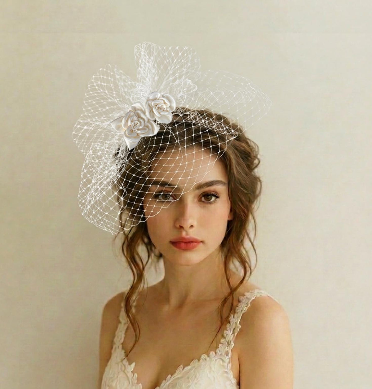 Birdcage Veil with Satin Flower Detail : Handmade Bridal Fascinator