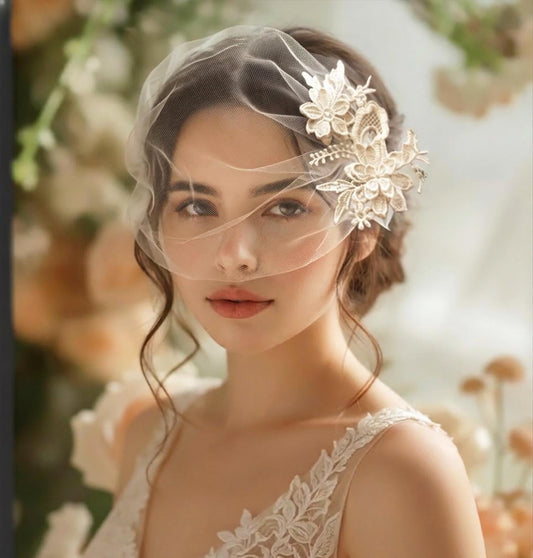 Vintage Lace Flowers and Mini Tulle Bridal Veil, Pearl Floral Headpiece, Vintage Wedding