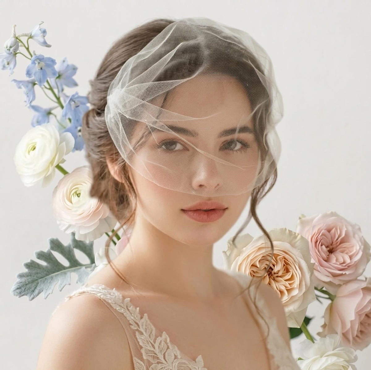 Vintage Lace Flowers and Mini Tulle Bridal Veil, Pearl Floral Headpiece, Vintage Wedding