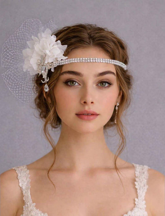 Crystal Bridal Headband with Petals & French Netting – Vintage Wedding Hairpiece